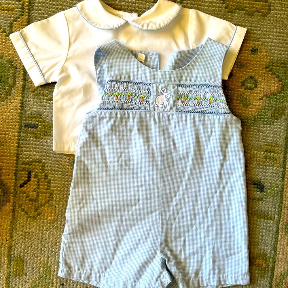 Petit Ami Baby Boy Easter Outfit - Smocked light Blue JonJon with Undershirt